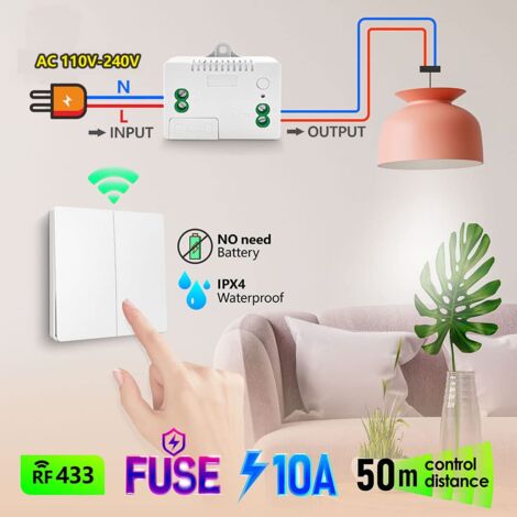 Radio switch kit, no wiring, no battery, easy installation, outdoor remote control up to 200m (2 RF switches and 1 receiver)