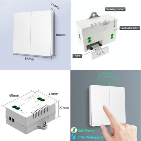 Radio switch kit, no wiring, no battery, easy installation, outdoor remote control up to 200m (2 RF switches and 1 receiver)