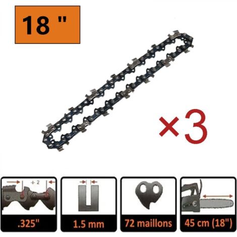 Pack 18" (45cm) Chainsaw Chains / 3/8" Pitch / 1.5mm Gauge / Square Cutter / 72 Links, 325" Pitch