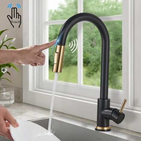 Touch Sensor Kitchen Faucet - Pull Out Spray Kitchen Faucet 2 Modes - Brushed Black and Gold Kitchen Mixer Tap