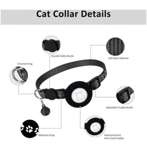 (Black) Cat Collar with Safety Buckle and Bell, 1 cm Wide Reflective Cat Collar with Airtag Holder for Cats, Puppies, Kittens YMYNY
