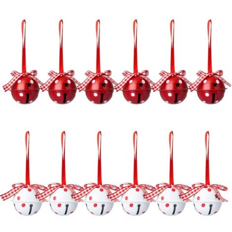 Set of 12 Christmas bells and jingles, Christmas tree decorations, dotted pattern, hanging ornaments, red and white jingles, YMYNY (1/3)