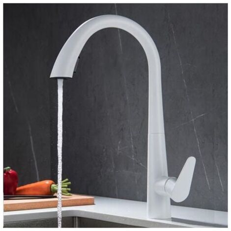 Kitchen faucet with pull-out spray, 360° swivel single-lever hot and cold water tap, available in white stainless steel. YMYNY
