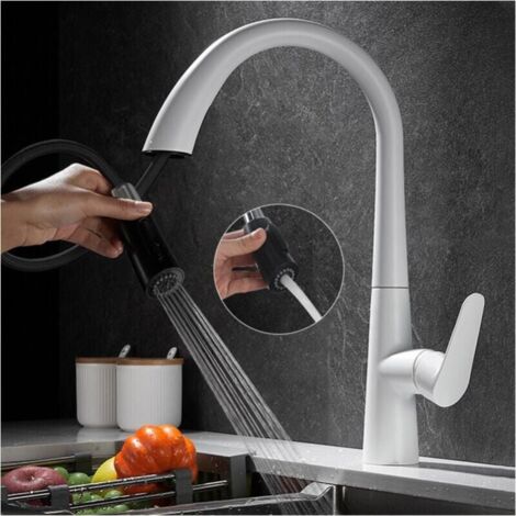 Kitchen faucet with pull-out spray, 360° swivel single-lever hot and cold water tap, available in white stainless steel. YMYNY