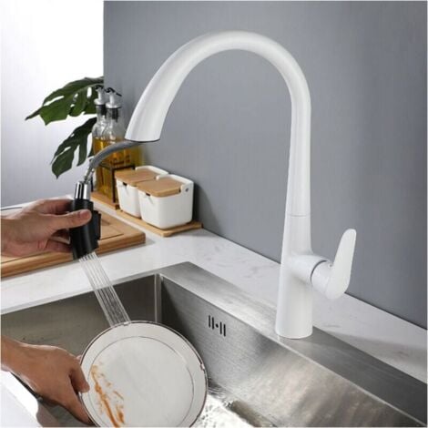 Kitchen faucet with pull-out spray, 360° swivel single-lever hot and cold water tap, available in white stainless steel. YMYNY