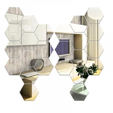 24-piece hexagonal wall mirror, silver rod wall mirror 126 × 110 × 63 mm, suitable for TV sofa background decoration, bedroom, living room YMYNY (1/4)
