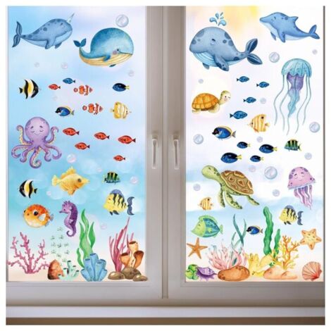 134 Pieces Sea Theme Window Clings, Removable Bathroom Stickers, Ocean Decals for Summer Beach Themed Glass Pool Decoration, YMYNY (1/4)