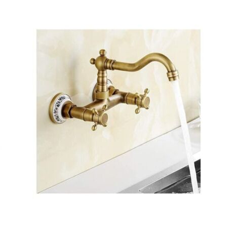 Wall-mounted kitchen faucet, vintage ceramic basin faucet with hot and cold water, antique brass basin faucet YMYNY (1/4)