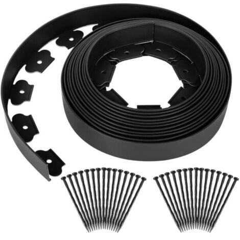 Flexible plastic lawn edging, garden border, grass and stone separation, with 30 fixing nails, 10 m long, black, 5 cm high YMYNY (1/4)
