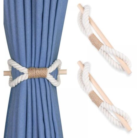 Set of 2 (beige cotton rope, 2) handmade curtain tiebacks made of cotton rope and wood in Bohemian style, YMYNY (1/4)