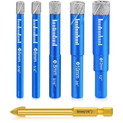 Diamond Tile Drill Bits, 5, 6, 8, 10, 12mm Diamond Tile Drill Bits, 6mm Tile Metal Drill Bits, Tile Drill Bits for Ceramic, Glass, Granite, Marble, Quartz MUMU (1/4)