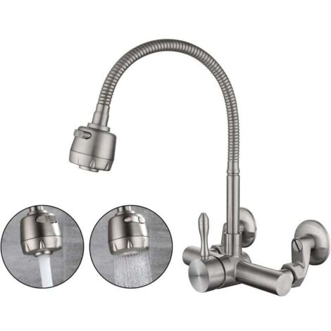 Wall Mounted Kitchen Mixer Tap Food Grade 304 Stainless Steel Material 360° Swivel Wall Mounted Kitchen Faucet 6.3cm-24cm Mounting Holes MUMU (1/4)