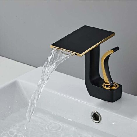 Waterfall Bathroom Faucet, Modern Waterfall Bathroom Faucet, Waterfall Sink Faucet, Adjustable Hot and Cold Water Waterfall Bathroom Mixer Tap (Black + Gold) MUMU