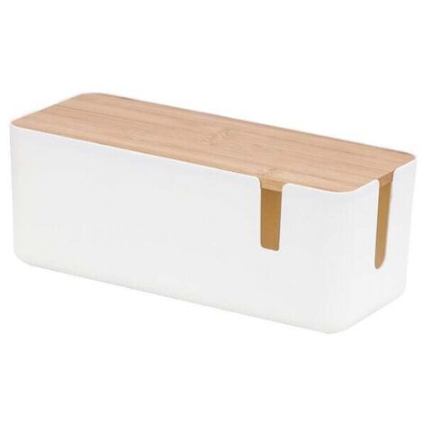 Cable Management Box, Cable Storage Box with Bamboo Cover, Cable Hiding Box for Organizing Computer Cables, Loose Wires, Hiding Cables (White) MUMU