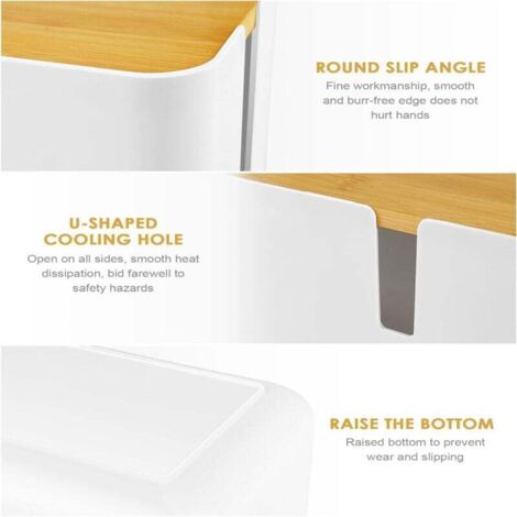 Cable Management Box, Cable Storage Box with Bamboo Cover, Cable Hiding Box for Organizing Computer Cables, Loose Wires, Hiding Cables (White) MUMU