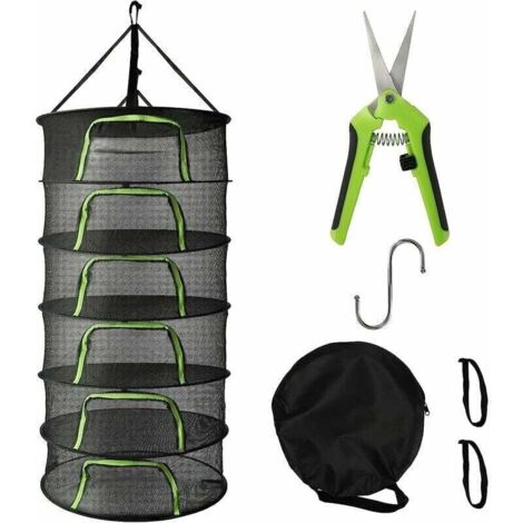 Hanging Herb Dryer, 2ft 6-Layer Mesh Net for Herbs, Flowers, Bulbs, Fish, Large Foldable Round Hanging Drying Rack with Green Zipper, Pruning Shears, Hooks MUMU (1/4)