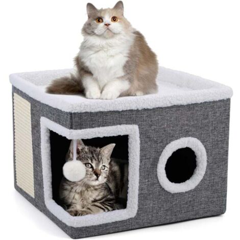 Foldable Cat House, Indoor Large Cats, 43 D x 43 W x 32 H cm, Large Cat Cave with Scratching Board and Play Ball, 2-Layer Cat Cube, Cat House Cave for Small and Medium Pets MUMU (1/4)