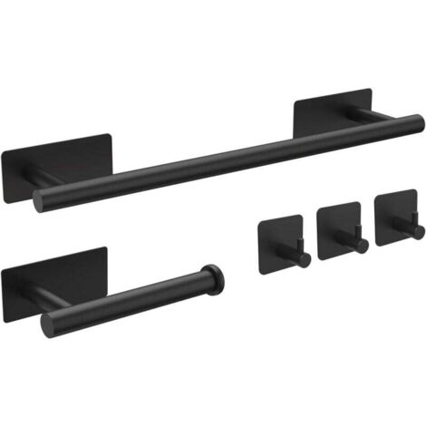 5-Piece Bathroom Accessory Set, Black Toilet Paper Holder, Towel Bar, Hooks, Wall Mounted or Self-Adhesive, No Drilling MUMU (1/4)