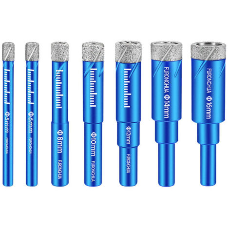 7-piece diamond drill bit set, tile drill bit, glass drill bit [5, 6, 8, 10, 12, 14, 16 mm] with 6 mm carbide drill bit, diamond drill bit for hard tiles, ceramic, porcelain stoneware, marble and gran (1/4)