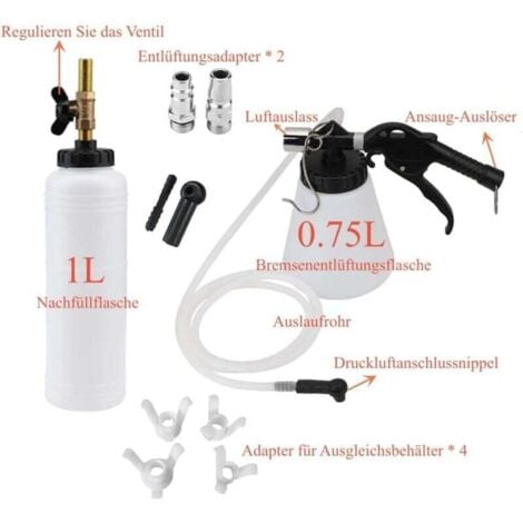 Automatic pneumatic brake bleeder, brake bleeding device, pneumatic brake bleeder, bleeding with 1 l refill bottle MUMU