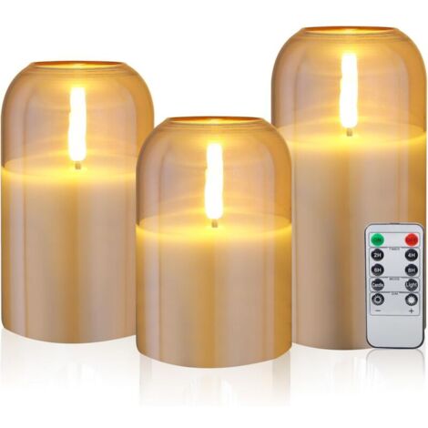 Real Wax LED Candles with Remote Control, Timer Function, Paraffin, Flameless, Battery Operated, Gold, Pack of 3 MUMU (1/4)