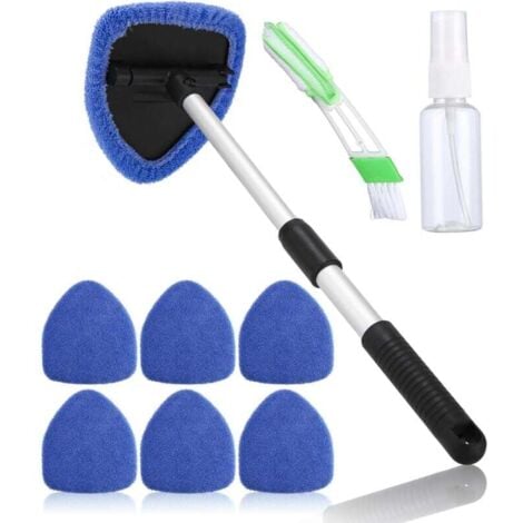Window cleaner, window cleaning brush, interior window cleaning, window cleaning with telescopic handle with 180° swivel handle and 6 washable pads, blue MUMU