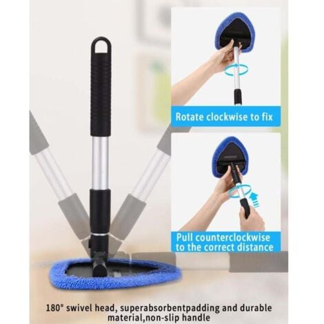 Window cleaner, window cleaning brush, interior window cleaning, window cleaning with telescopic handle with 180° swivel handle and 6 washable pads, blue MUMU