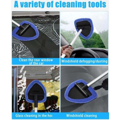 Window cleaner, window cleaning brush, interior window cleaning, window cleaning with telescopic handle with 180° swivel handle and 6 washable pads, blue MUMU