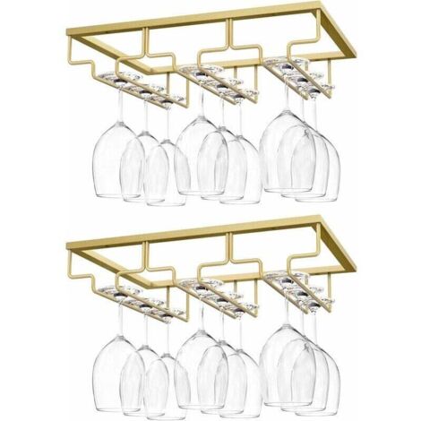 Hanging Stemware Holder, [2 Pack] Hanging Wine Glass Holder, Wine Glass Rack with 3 Rails for Under Shelf, Glass Cabinet, Chrome Wall Hanging, Kitchen Bar - Gold MUMU (1/4)