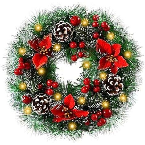 Christmas Wreath, 30cm Diameter Artificial Christmas Wreath, for Front Door Decoration Pine Cone Berry Snowflake Decoration (Comes with LED Lights) MUMU (1/4)