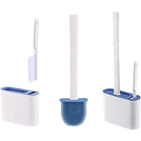Toilet brush and holder, double combination silicone brush, flat and flexible bristles, wall-mounted bathroom cleaning brush (blue) (1/4)