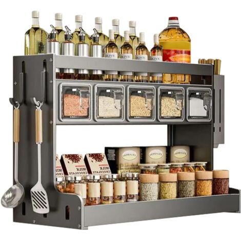 Wall-mounted spice rack with hooks and utensil holders for seasonings, hanging spice rack, organizer for seasoning jars, for sugar, salt, pepper, oil (5 jars) (1/4)