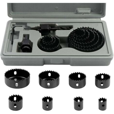 Carbon steel bi-metal hole saw kit (11 pieces, 19-64 mm) for wood, plasterboard and drywall. (1/4)
