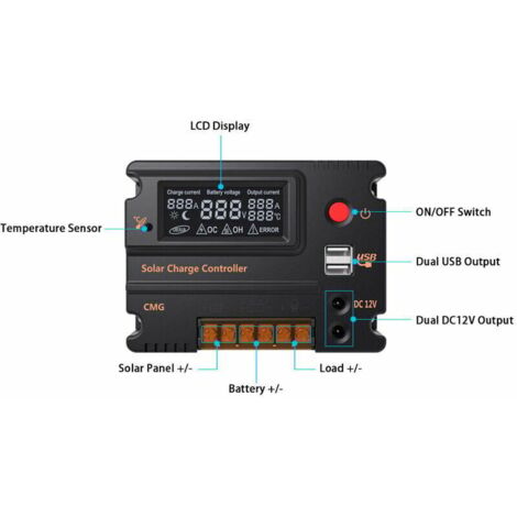 10A 12V 24V LCD Solar Charge Controller - Battery Regulator with Overcharge Protection and Temperature Compensation (Model CMG-2410 10A) (1/4)