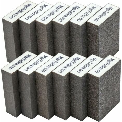 Set of 12 KZQ sanding sponges and blocks, grits 60/80/100/120/180/220, washable and reusable. Features: