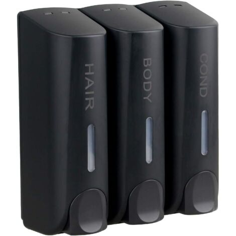 Wall-mounted shower soap dispenser, 3 shampoo and conditioner dispensers, no drilling required, for hotel bathrooms, black (1/4)