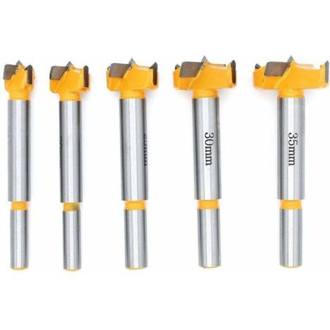 Pointed wood drill bits of 15 mm, 20 mm, 25 mm, 30 mm and 35 mm for installing spherical wooden doors and drawers. Drill bits for making clean, flat holes in wood. (1/4)