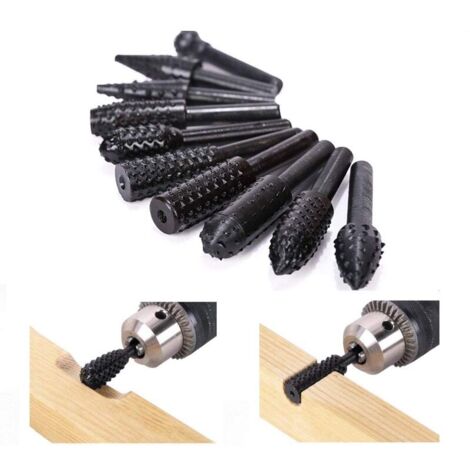 Set of 10 wood router bits, wood carving sander wheel, tapered shank twist drill bit for rotary tools. (1/4)