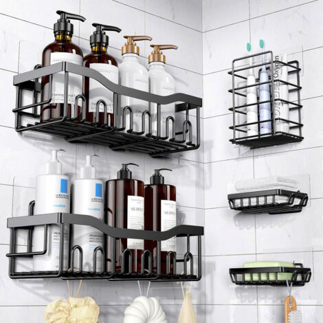 5-Piece No-Drill Shower Shelf, Stainless Steel Bathroom Organizer with Hooks, Self-Adhesive Storage (30 cm) (1/4)