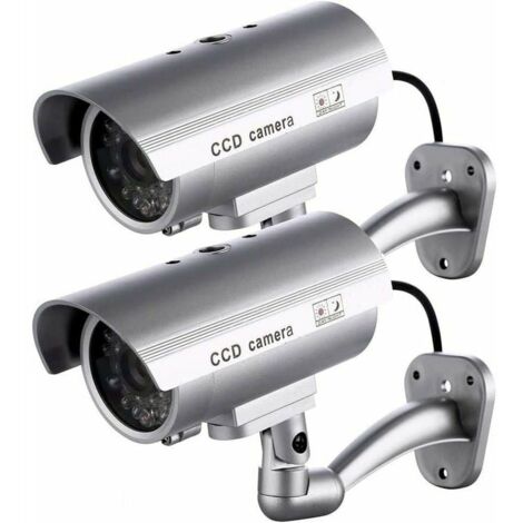 Set of 2 dummy cameras, dummy outdoor cameras for indoor or outdoor use, with bullet shape and flashing LED, RTGPT (Silver)
