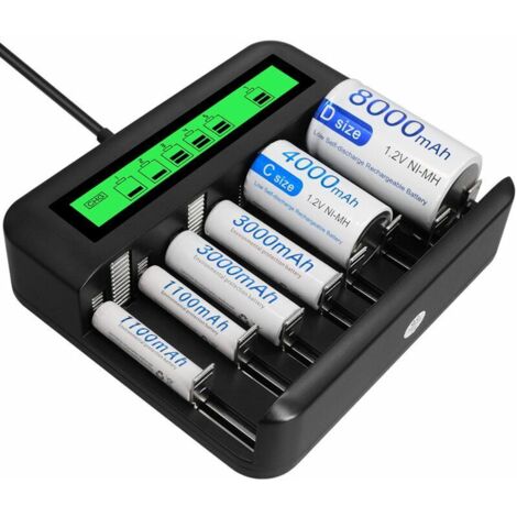 8-Slot Fast LED Universal Battery Charger, Battery Charger for AA/AAA/C/D Ni-MH Ni-CD Rechargeable Batteries with USB Port (1/4)