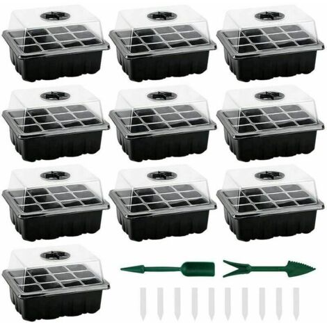Mini greenhouses for seedlings, set of 10 mini greenhouses for plants with 120 cells, tray and lid included, durable indoor seed trays for growing seeds and starting plants (1/4)