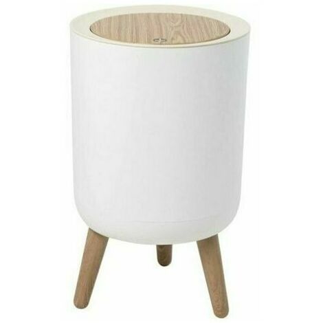 7L Bathroom Trash Can, Push-Top Lid Trash Can, White Trash Can, Wooden Tripod Trash Can, Plastic Trash Can for Kitchen, Bathroom, Bedroom and Office (1/4)