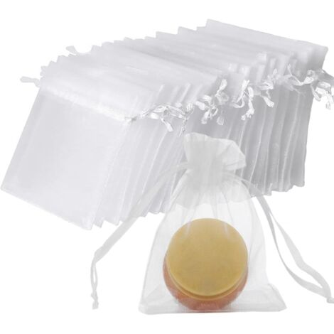 Pack of 100 White Organza Bags, 7 x 9 cm, Small Gift Bags with Drawstring, for Sweets, Wedding Favors, Jewelry (1/4)