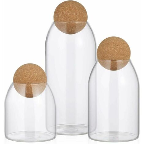 Set of 3 Glass Jars with Airtight Seal and Wooden Lid - Clear Glass Jars for Storing Foods such as Tea, Coffee, Spices, Sugar and Salt (1/4)