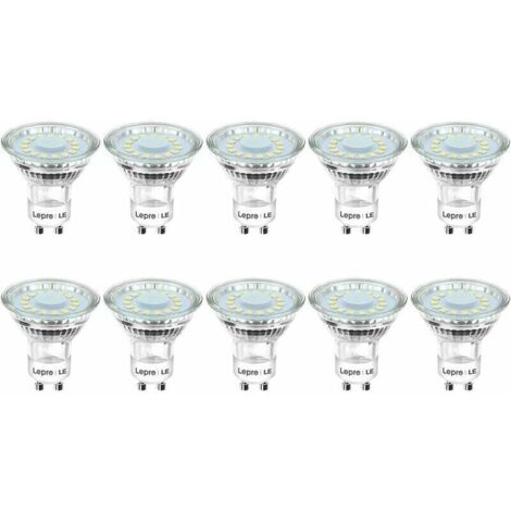 GU10 4W LED bulbs equivalent to 50W halogen bulbs, 5000K cool white light, 325lm brightness with a wide 110° beam angle. Pack of 10 LED spotlight bulbs. (1/4)