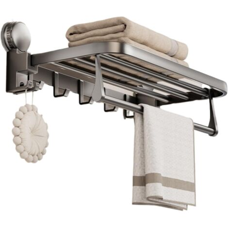 Suction cup bathroom towel rack with hooks, foldable metal bath towel holder, bathroom kitchen towel storage rack (1/4)