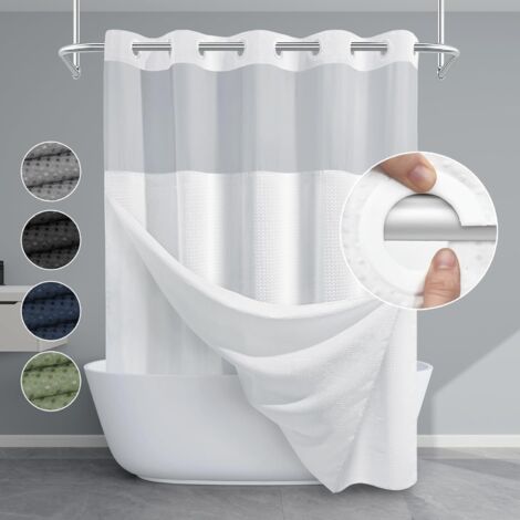 White shower curtain without hooks with snap lining, 230 g/m² waffle-weave shower curtain for bathroom (188 x 180 cm) (1/4)