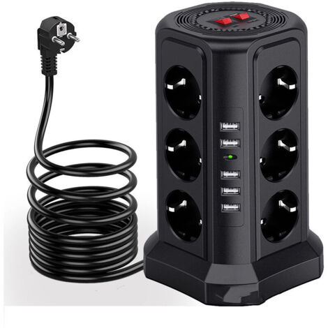 Torre multipresa da fulmini e sovratensioni, presa multipla con 5 porte USB e 12 prese, presa multipla con e 3 interruttori, nero S'arêern