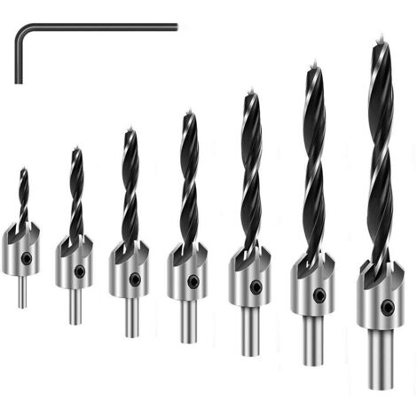 Set of 7 zinc-plated drill bits, three-point chamfer drill bit set for wood carving with hex key, high-speed steel drill bit, plated adjustable woodworking reamer for DIY woodworking (1/4)